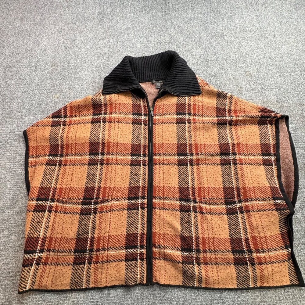 Tahari Sweater Cape Womens‎ L/XL Brown Plaid Zip Boho Blanket Poncho Cabin Cozy